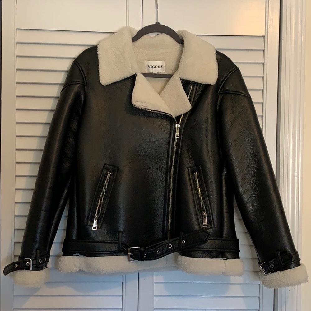 Faux Leather and Shearling Aviator Jacket